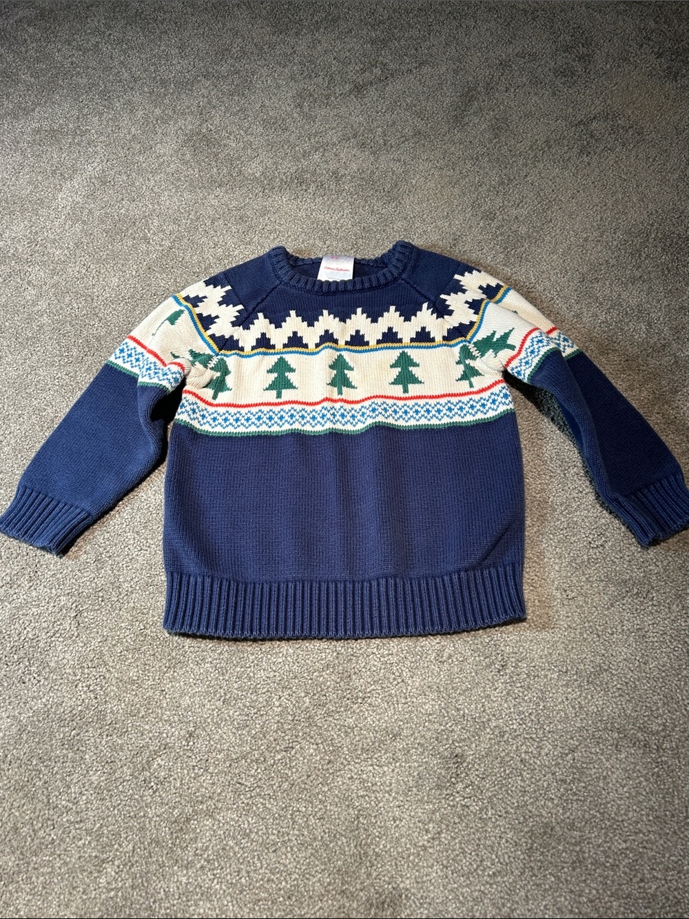 Hanna Andersson Navy Fair Isle Sweater with Green Tree Motif